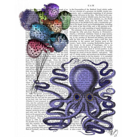 Octopus and Puffer Fish Balloons White Modern Wood Framed Art Print by Fab Funky