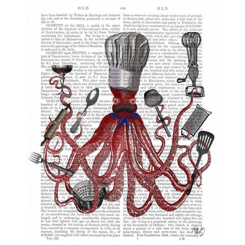 Octopus Fabulous French Chef Black Modern Wood Framed Art Print with Double Matting by Fab Funky