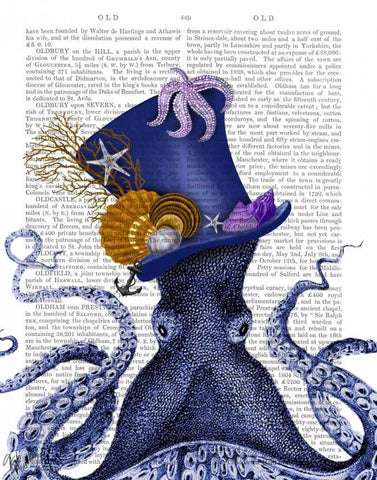 Octopus Nautical Hat White Modern Wood Framed Art Print with Double Matting by Fab Funky