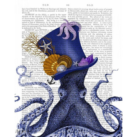 Octopus Nautical Hat Black Modern Wood Framed Art Print with Double Matting by Fab Funky