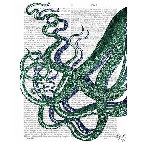 Octopus Tentacles Green and Blue Gold Ornate Wood Framed Art Print with Double Matting by Fab Funky