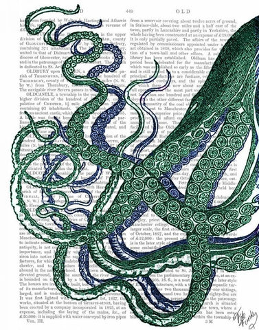 Octopus Tentacles Green and Blue White Modern Wood Framed Art Print with Double Matting by Fab Funky