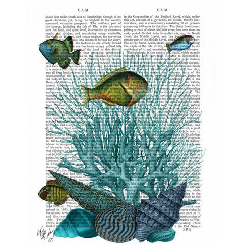 Fish Blue Shells and Corals White Modern Wood Framed Art Print by Fab Funky