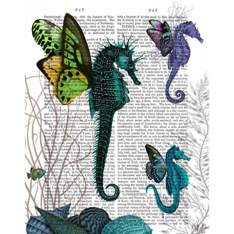 Seahorse Trio With Wings Black Modern Wood Framed Art Print with Double Matting by Fab Funky