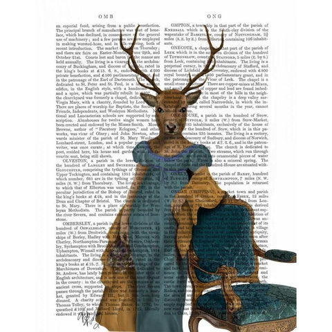 Deer In Blue Dress White Modern Wood Framed Art Print by Fab Funky