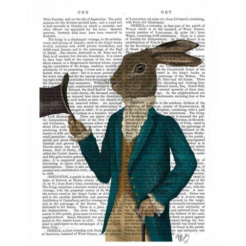 Hare In Turquoise Coat Gold Ornate Wood Framed Art Print with Double Matting by Fab Funky