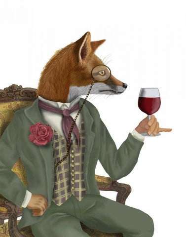 Wine Taster Fox, Portrait White Modern Wood Framed Art Print with Double Matting by Fab Funky