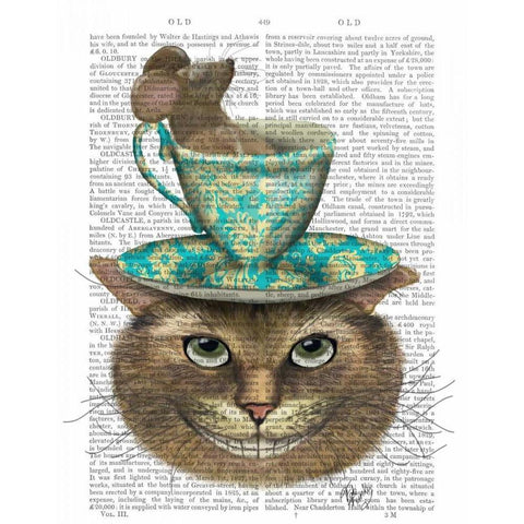 Cheshire Cat with Cup on Head Black Modern Wood Framed Art Print with Double Matting by Fab Funky