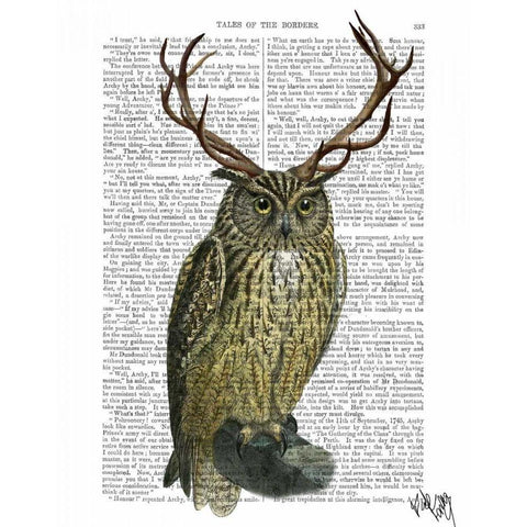 Owl with Antlers plain Black Modern Wood Framed Art Print with Double Matting by Fab Funky