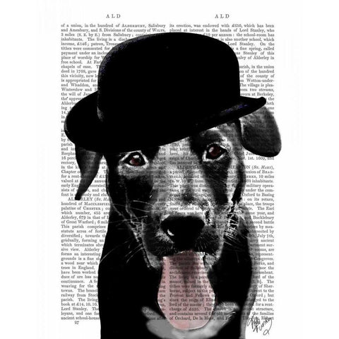 Black Labrador in Bowler Hat White Modern Wood Framed Art Print by Fab Funky