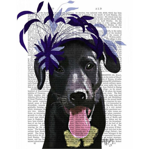 Black Labrador With Blue Fascinator White Modern Wood Framed Art Print by Fab Funky