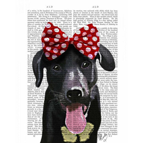 Black Labrador With Red Bow On Head Black Modern Wood Framed Art Print by Fab Funky