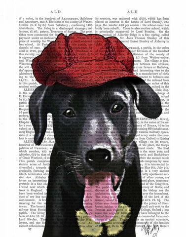 Black Labrador With Red Cap Black Ornate Wood Framed Art Print with Double Matting by Fab Funky