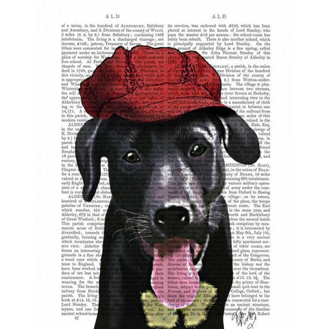 Black Labrador With Red Cap Black Modern Wood Framed Art Print by Fab Funky
