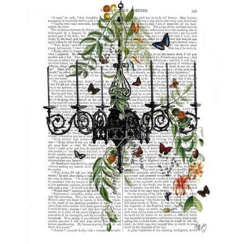 Chandelier With Vines and Butterflies Black Modern Wood Framed Art Print with Double Matting by Fab Funky