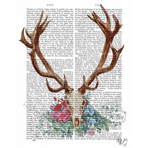 Deer Skull With Flowers 1 Gold Ornate Wood Framed Art Print with Double Matting by Fab Funky