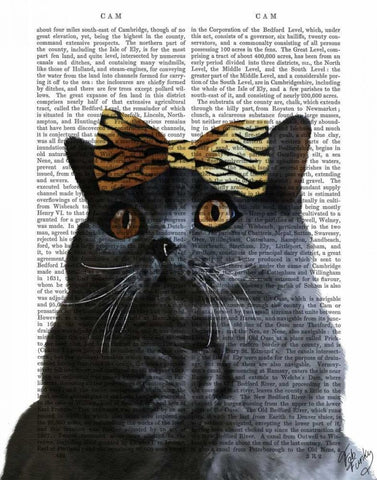 Grey Cat with Leopard Bow White Modern Wood Framed Art Print with Double Matting by Fab Funky