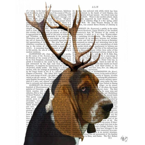 Basset Hound and Antlers White Modern Wood Framed Art Print by Fab Funky