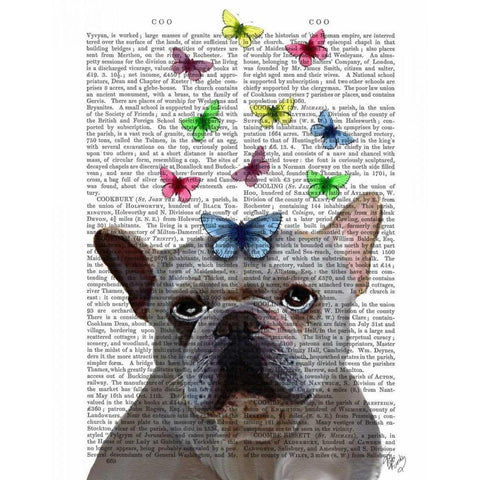 White French Bulldog and Butterflies Black Modern Wood Framed Art Print with Double Matting by Fab Funky