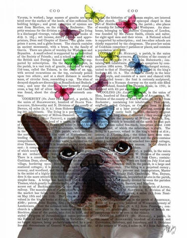 White French Bulldog and Butterflies Black Ornate Wood Framed Art Print with Double Matting by Fab Funky