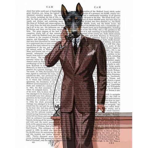 Doberman on Phone White Modern Wood Framed Art Print by Fab Funky