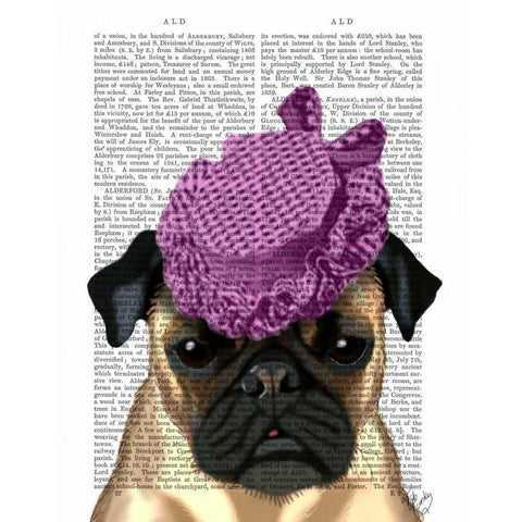 Pug with Vintage Purple Hat Gold Ornate Wood Framed Art Print with Double Matting by Fab Funky