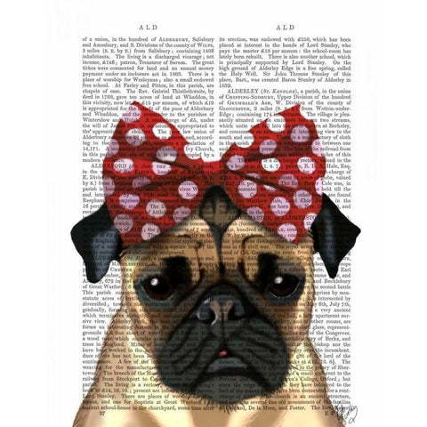 Pug with Red Spotty Bow On Head White Modern Wood Framed Art Print by Fab Funky