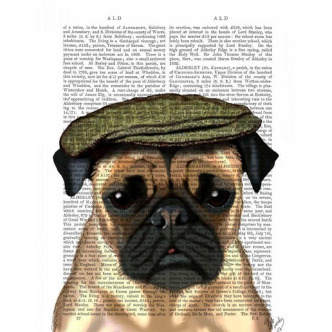 Pug in Flat Cap Gold Ornate Wood Framed Art Print with Double Matting by Fab Funky