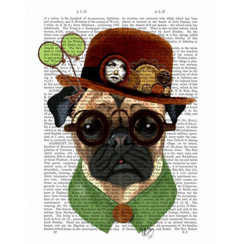 Pug with Steampunk Bowler Hat White Modern Wood Framed Art Print by Fab Funky