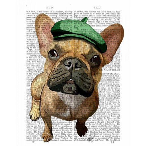 Brown French Bulldog with Green Hat Gold Ornate Wood Framed Art Print with Double Matting by Fab Funky