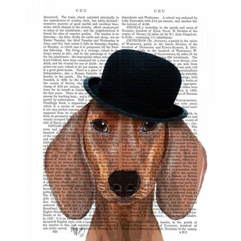 Dachshund with Black Bowler Hat White Modern Wood Framed Art Print by Fab Funky