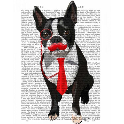 Boston Terrier With Red Tie and Moustache Black Modern Wood Framed Art Print with Double Matting by Fab Funky