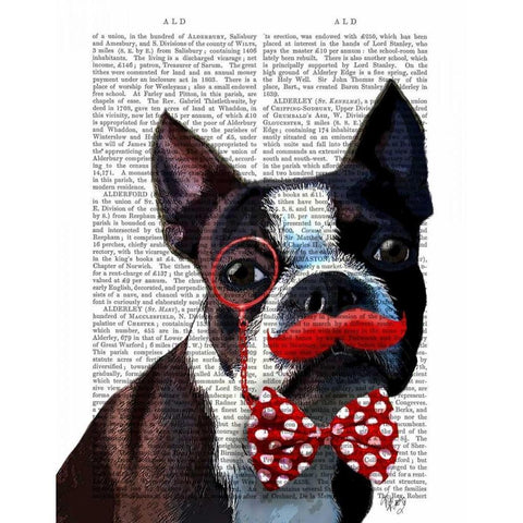 Boston Terrier Portrait with Red Bow Tie and Moustache Black Modern Wood Framed Art Print with Double Matting by Fab Funky