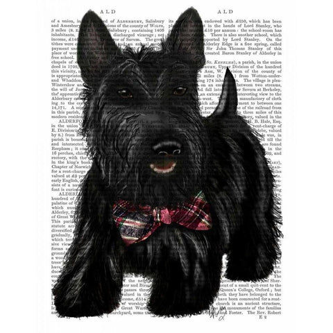 Scottish Terrier and Bow Gold Ornate Wood Framed Art Print with Double Matting by Fab Funky