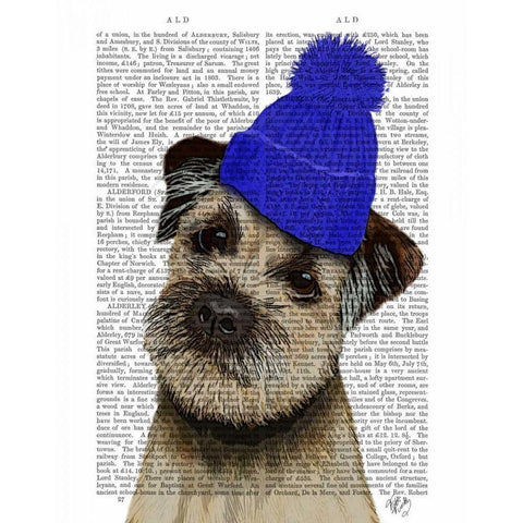 Border Terrier with Blue Bobble Hat Gold Ornate Wood Framed Art Print with Double Matting by Fab Funky