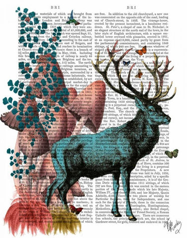 Turquoise Deer in Mushroom Forest White Modern Wood Framed Art Print with Double Matting by Fab Funky