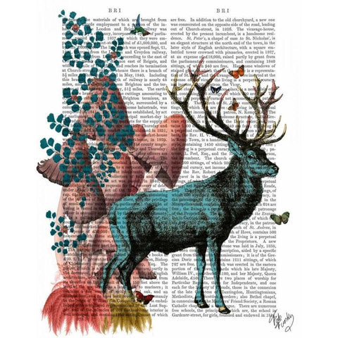 Turquoise Deer in Mushroom Forest Black Modern Wood Framed Art Print with Double Matting by Fab Funky