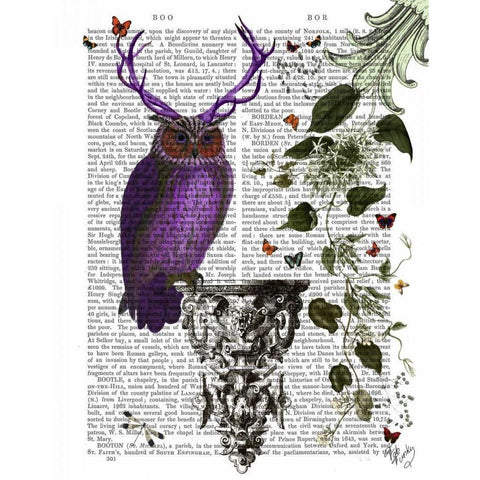 Purple Owl With Antlers Gold Ornate Wood Framed Art Print with Double Matting by Fab Funky