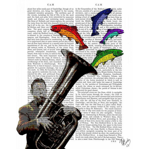 Tuba And Fish White Modern Wood Framed Art Print by Fab Funky