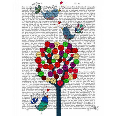 Button Tree and Birds Blue White Modern Wood Framed Art Print by Fab Funky