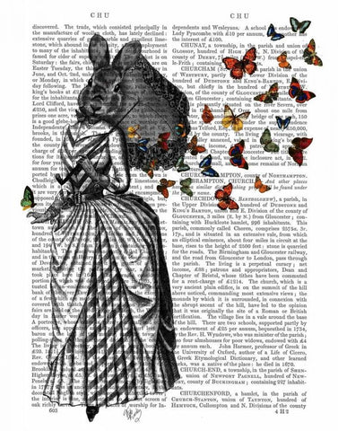 Rabbit and Butterfly Parasol Black Ornate Wood Framed Art Print with Double Matting by Fab Funky