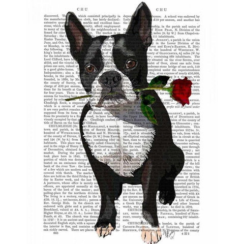 Boston Terrier with Rose in Mouth Gold Ornate Wood Framed Art Print with Double Matting by Fab Funky