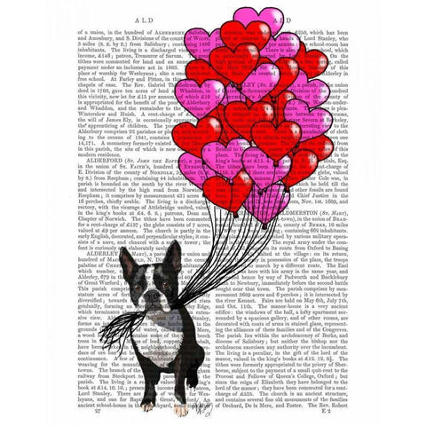 Boston Terrier And Balloons White Modern Wood Framed Art Print by Fab Funky