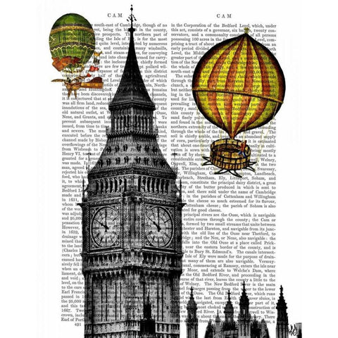 Big Ben and Vintage Hot Air Balloons Black Modern Wood Framed Art Print with Double Matting by Fab Funky