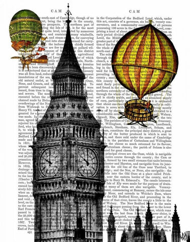 Big Ben and Vintage Hot Air Balloons White Modern Wood Framed Art Print with Double Matting by Fab Funky