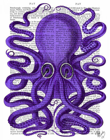 Purple Octopus White Modern Wood Framed Art Print with Double Matting by Fab Funky