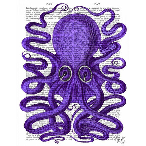 Purple Octopus Black Modern Wood Framed Art Print with Double Matting by Fab Funky