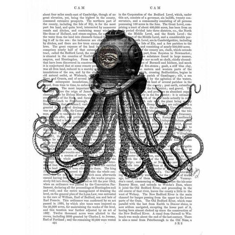 Octopus and Diving Helmet Gold Ornate Wood Framed Art Print with Double Matting by Fab Funky