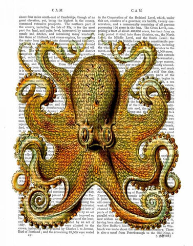 Vintage Yellow Octopus Front White Modern Wood Framed Art Print with Double Matting by Fab Funky