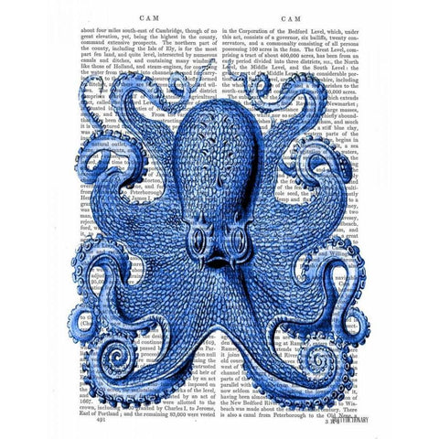 Vintage Blue Octopus 1  Front Gold Ornate Wood Framed Art Print with Double Matting by Fab Funky